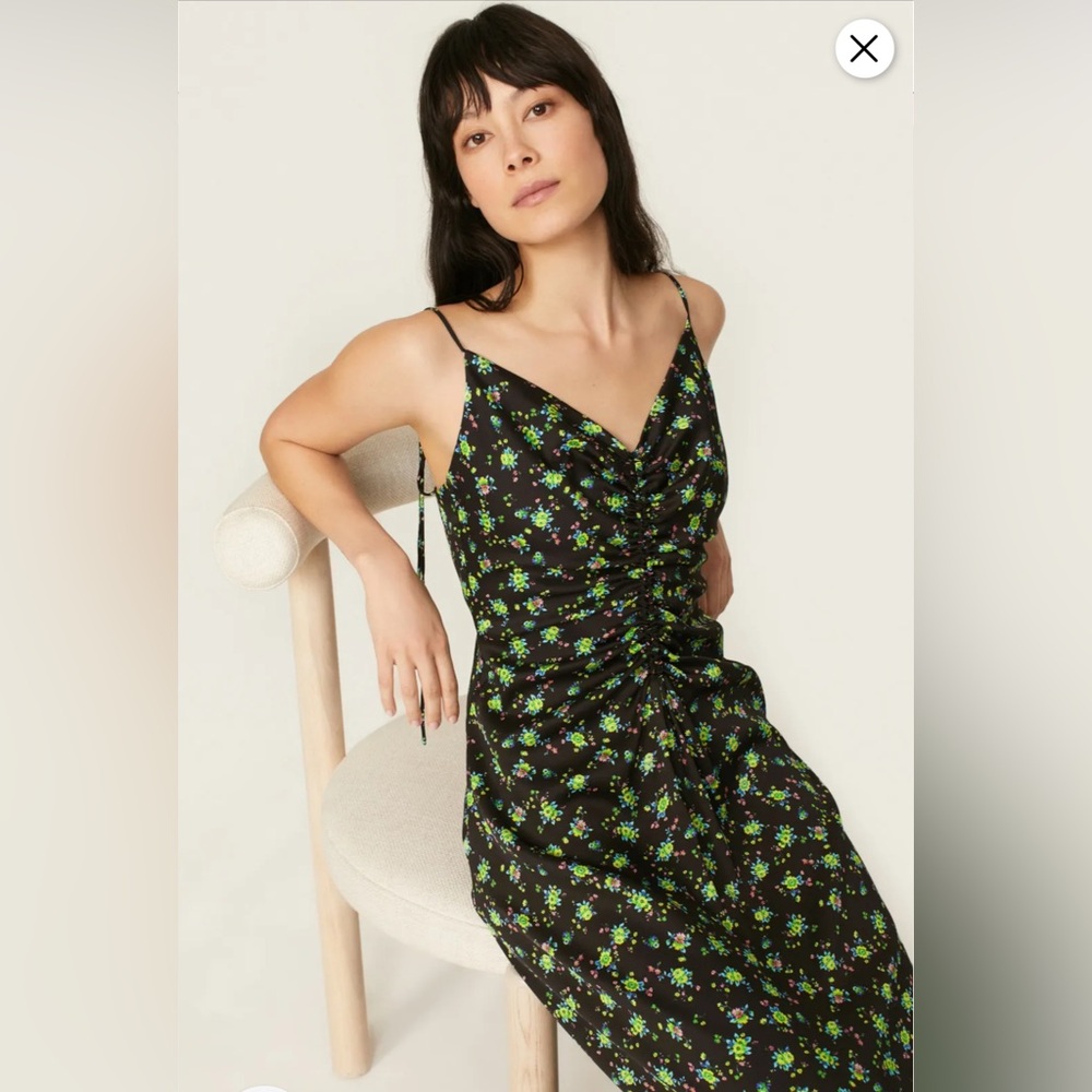 Sandro NWT Paola Dress, Black with Floral Pattern and Ruching Size 10 - Picture 2 of 16